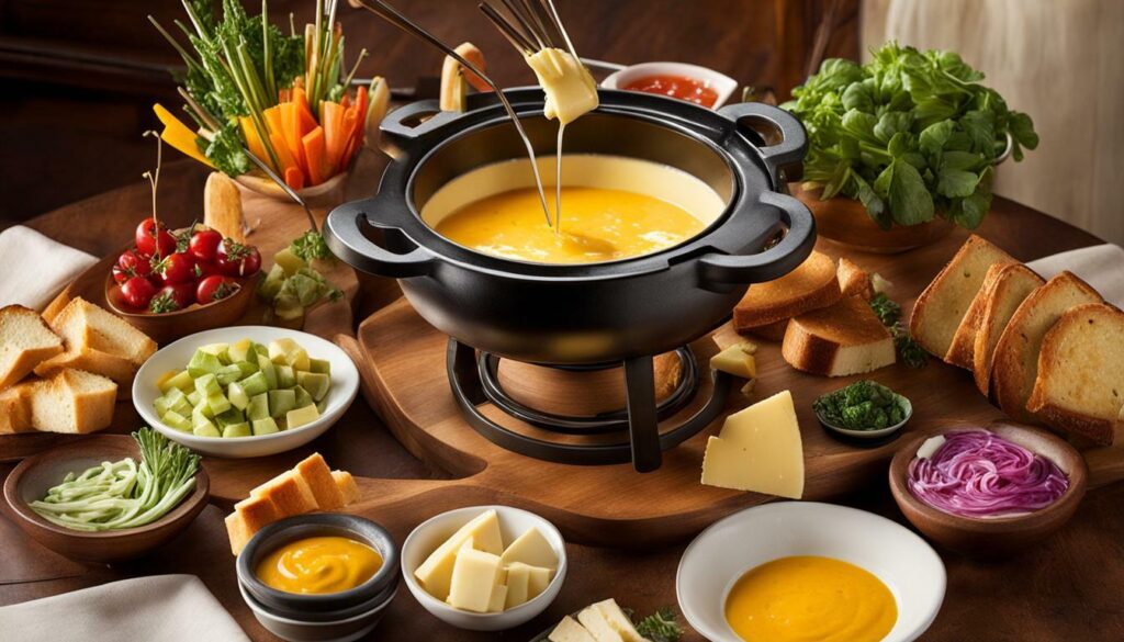 Fondue pot with cheese fondue