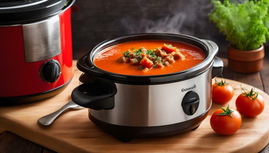 Mini Crock Pot with tomato soup and grilled cheese