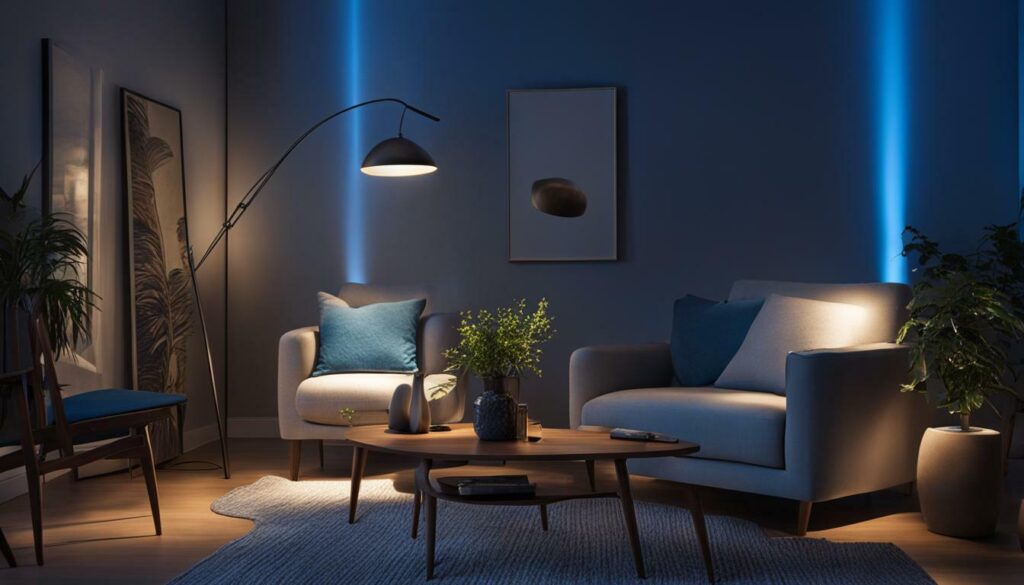 Setting up Blue Mood Lighting with a floor lamp and accent lights