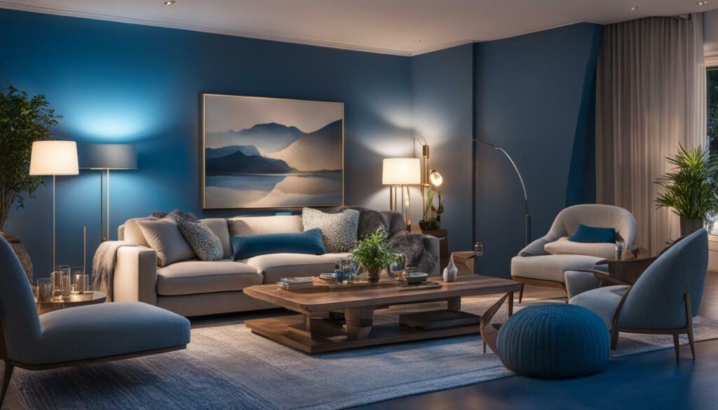 blue mood lighting in a living room