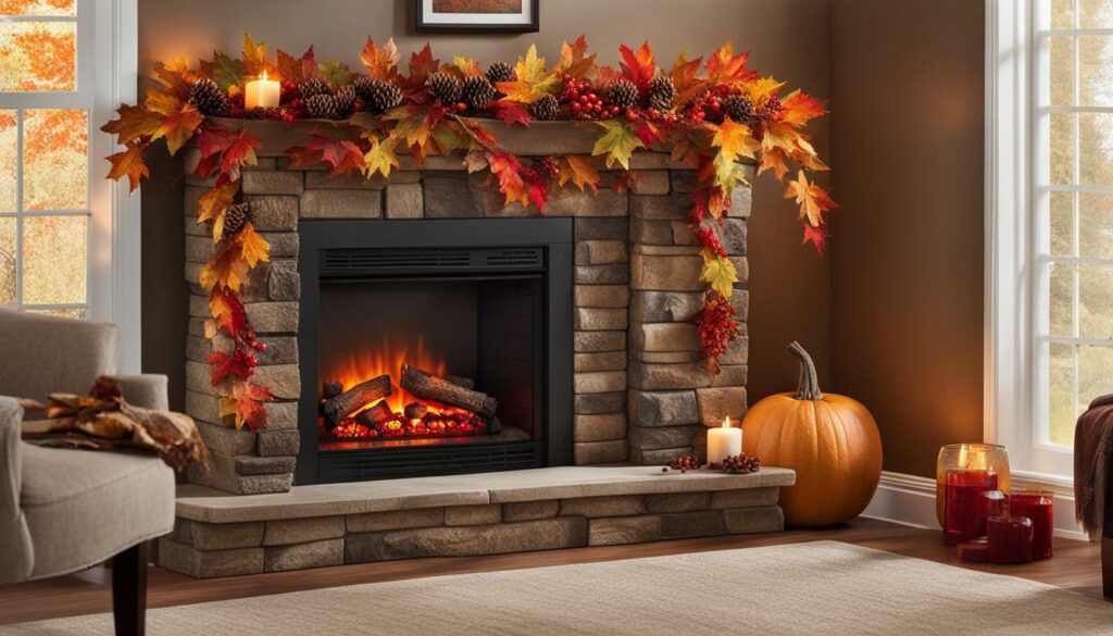 fireplace with autumn foliage decor