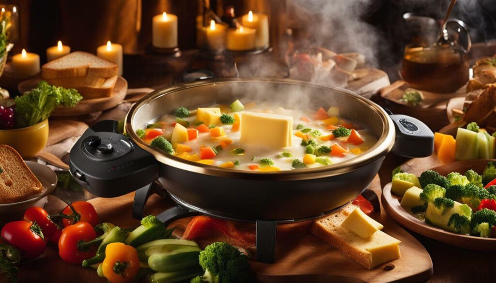 fondue pot with cheese and bread dippers