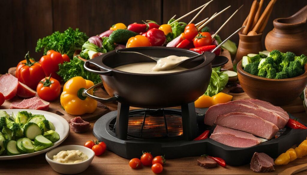 fondue pot with meat and vegetables