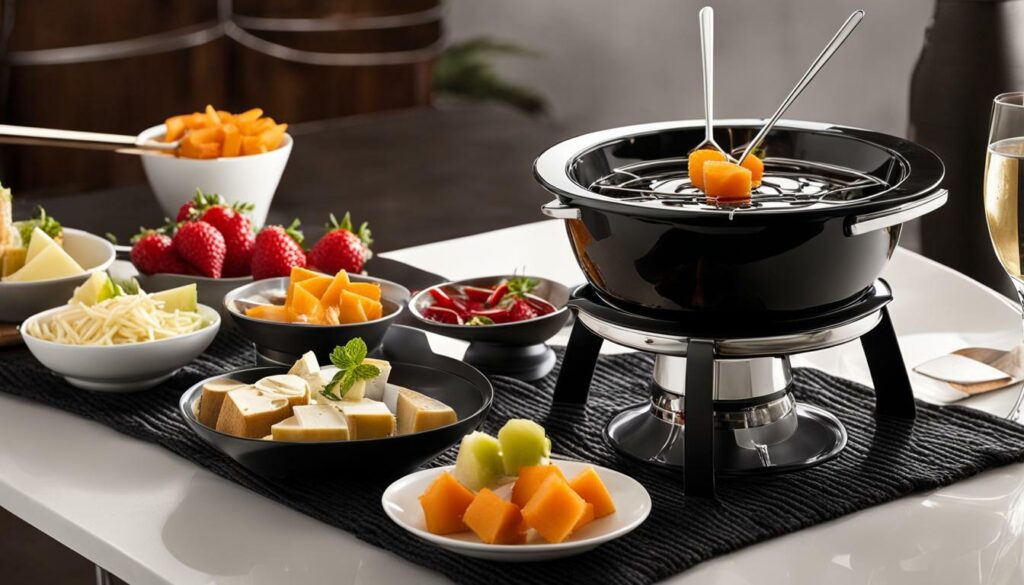 fondue station with a fondue set, fondue forks, a drip tray, and a heat source