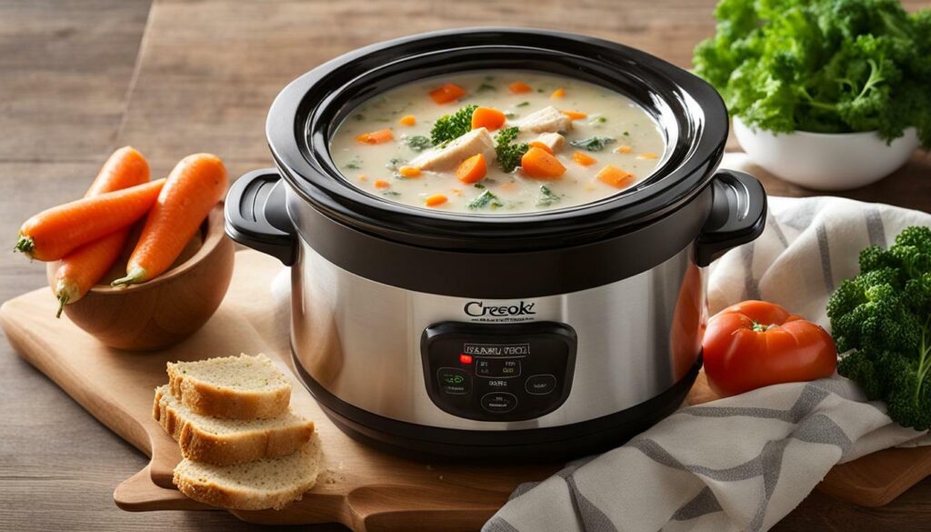 small serving of crock pot chicken soup with vegetables