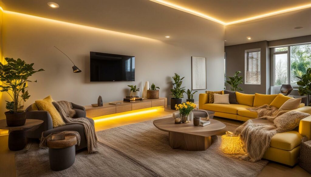 yellow LED mood lights in a cozy living room