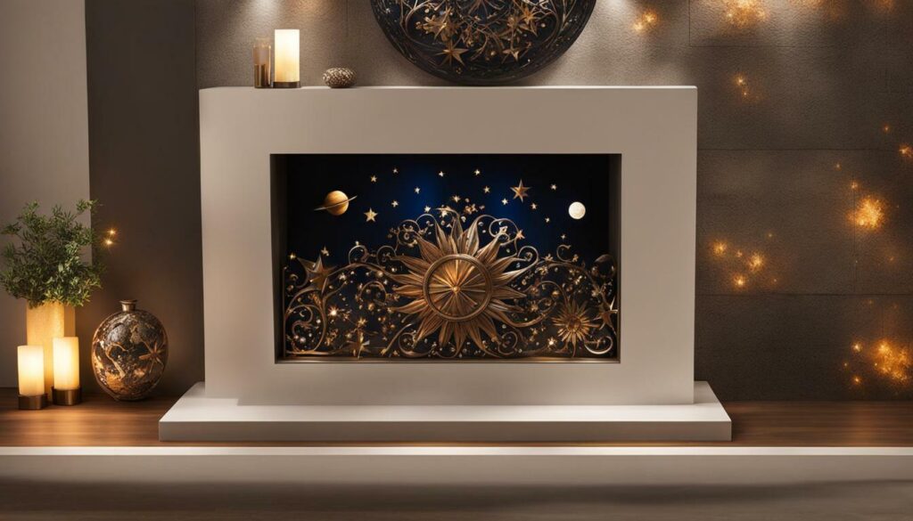 Celestial metal wall art above fireplace