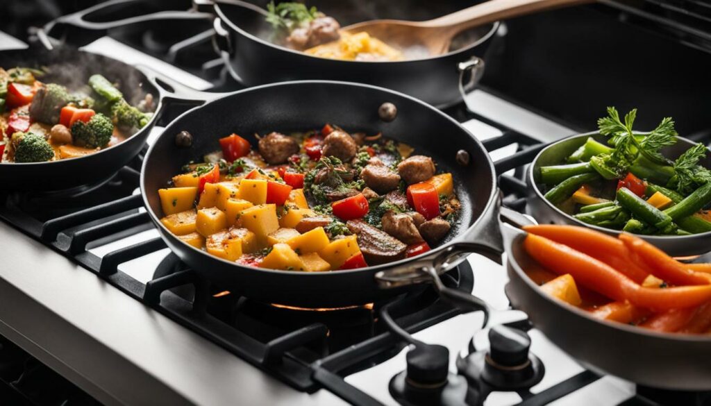 Ceramic and Teflon pans on a cooking range