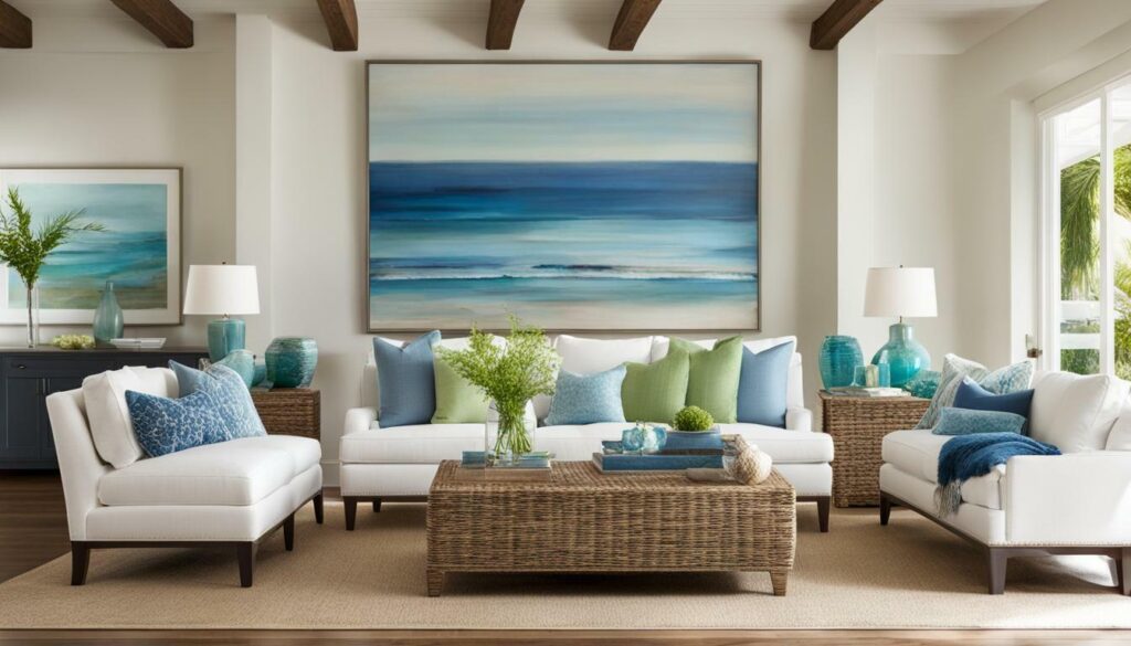 Coastal living room with framed beach artwork