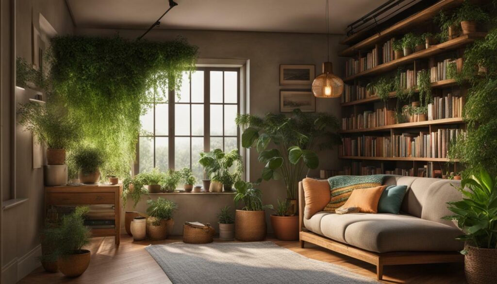 Cozy reading corner with plants