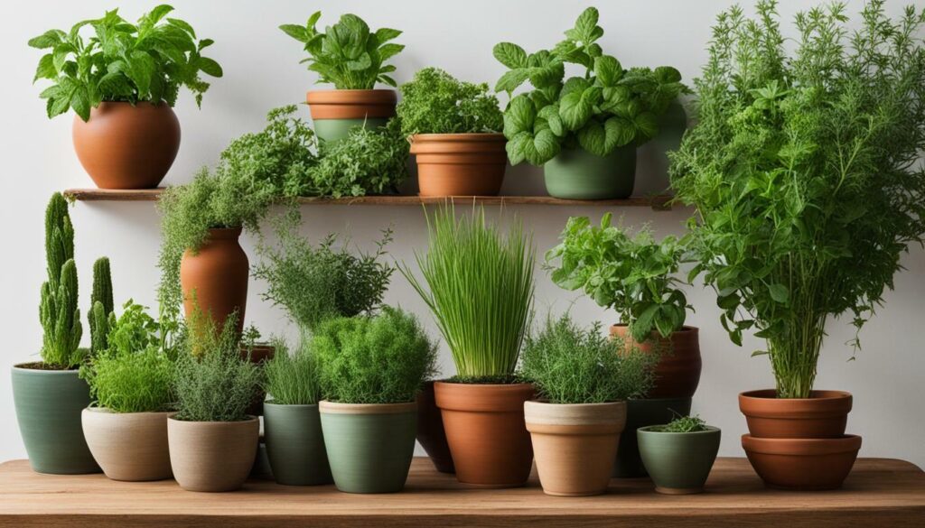 Green herbs in pots