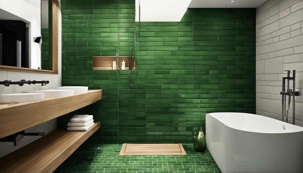 Green subway tiles and green vanity