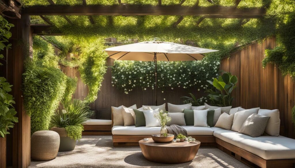 Outdoor space with hanging planters