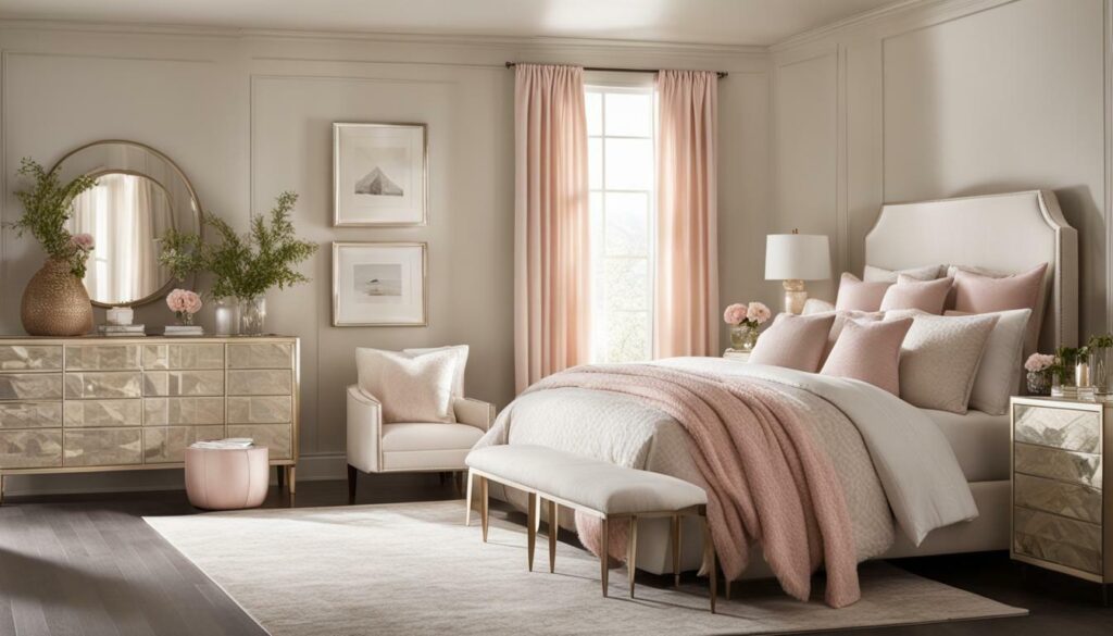 bedroom with mirrors and soft furnishings