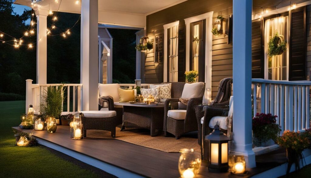 front porch with string lights