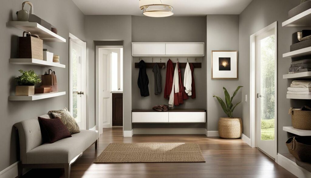 hallway with wall-mounted shelves and bench for storage