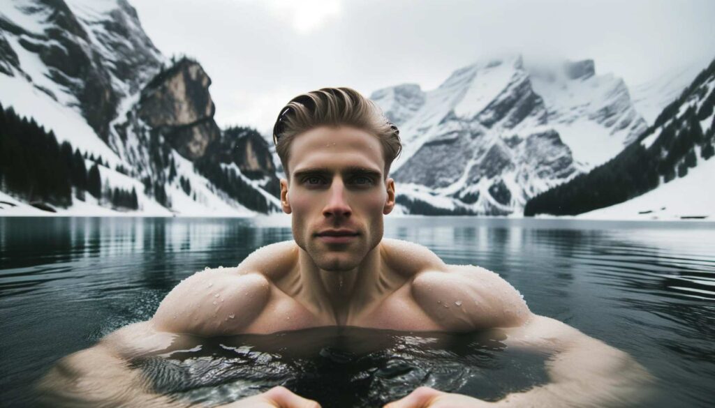 Cold Plunge in Icy Mountain Lake