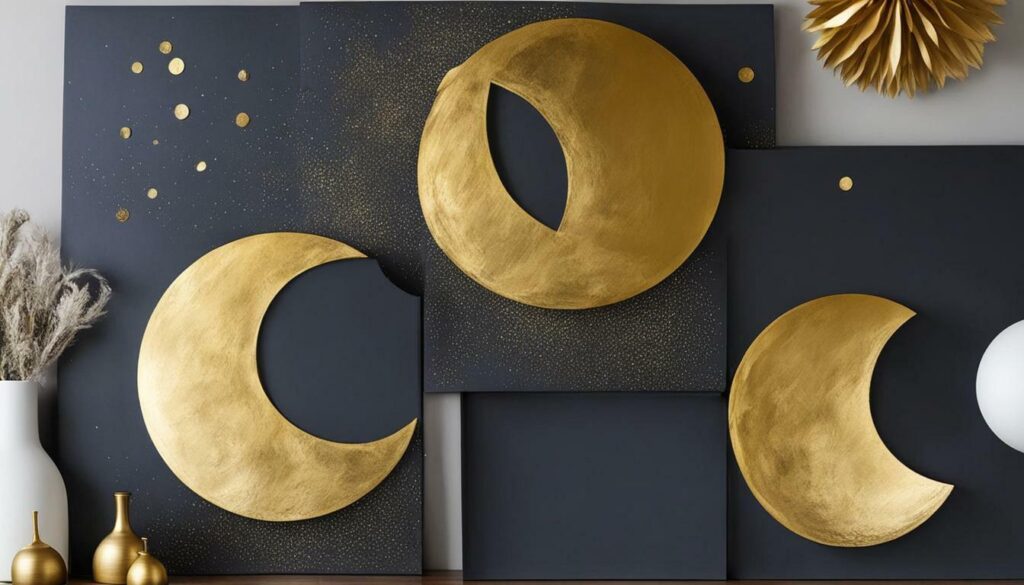 moon phase wall art painted with metallic gold and silver paint