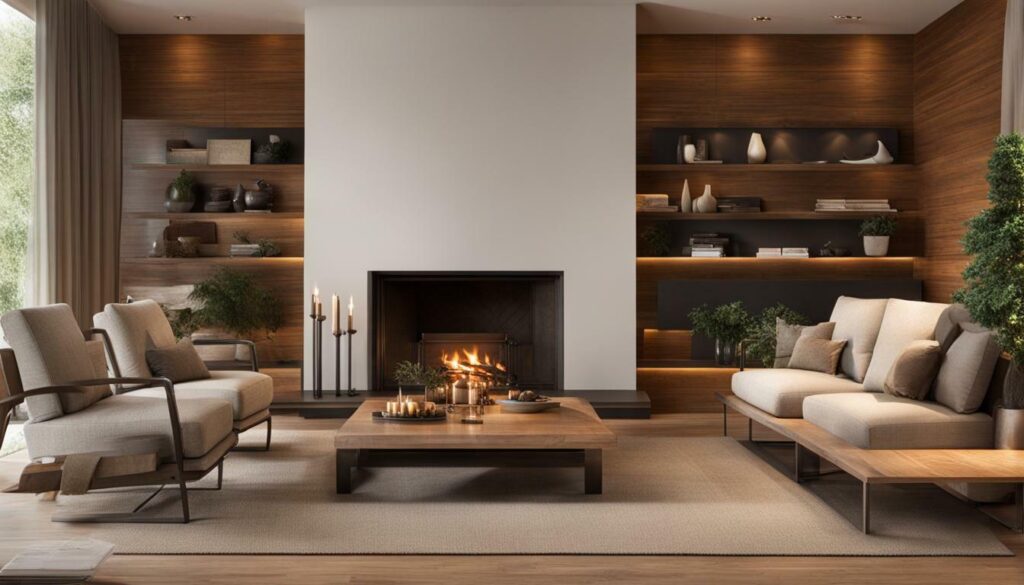 warm color scheme and accentuated fireplace