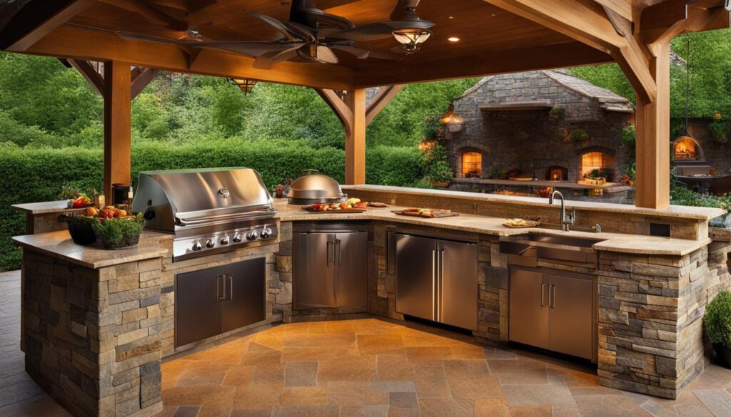 Outdoor kitchen area with integrated prep station and cooking surfaces