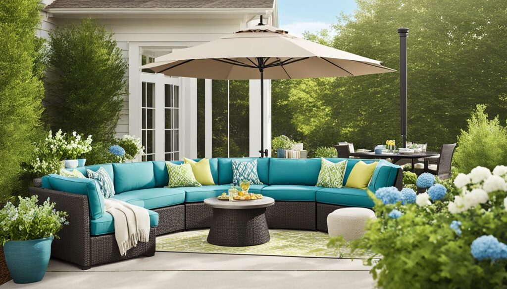 Outdoor seating area with patio furniture and counter-height stools