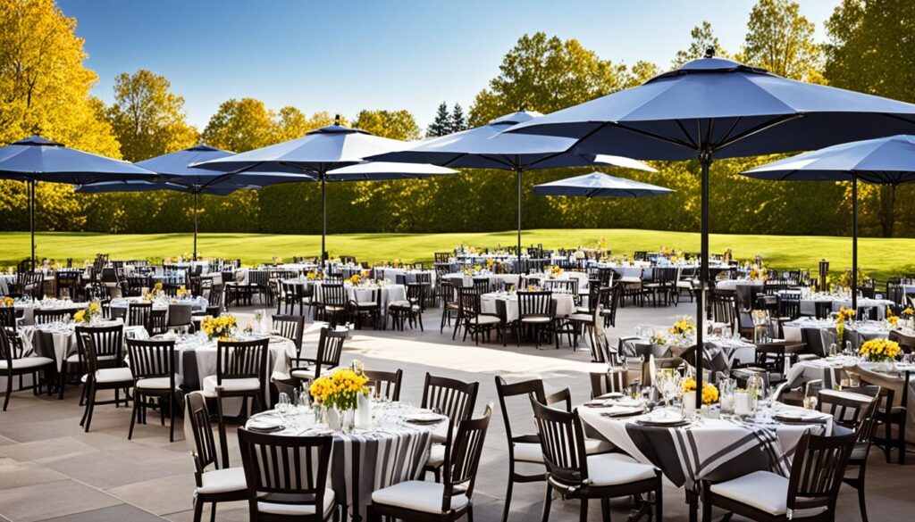 Large group outdoor dining preparation for various weather conditions